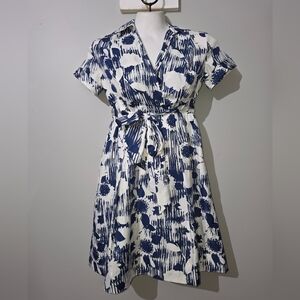 Beautiful Chadwick's Blue & White Midi Front Tie Dress Size 2P